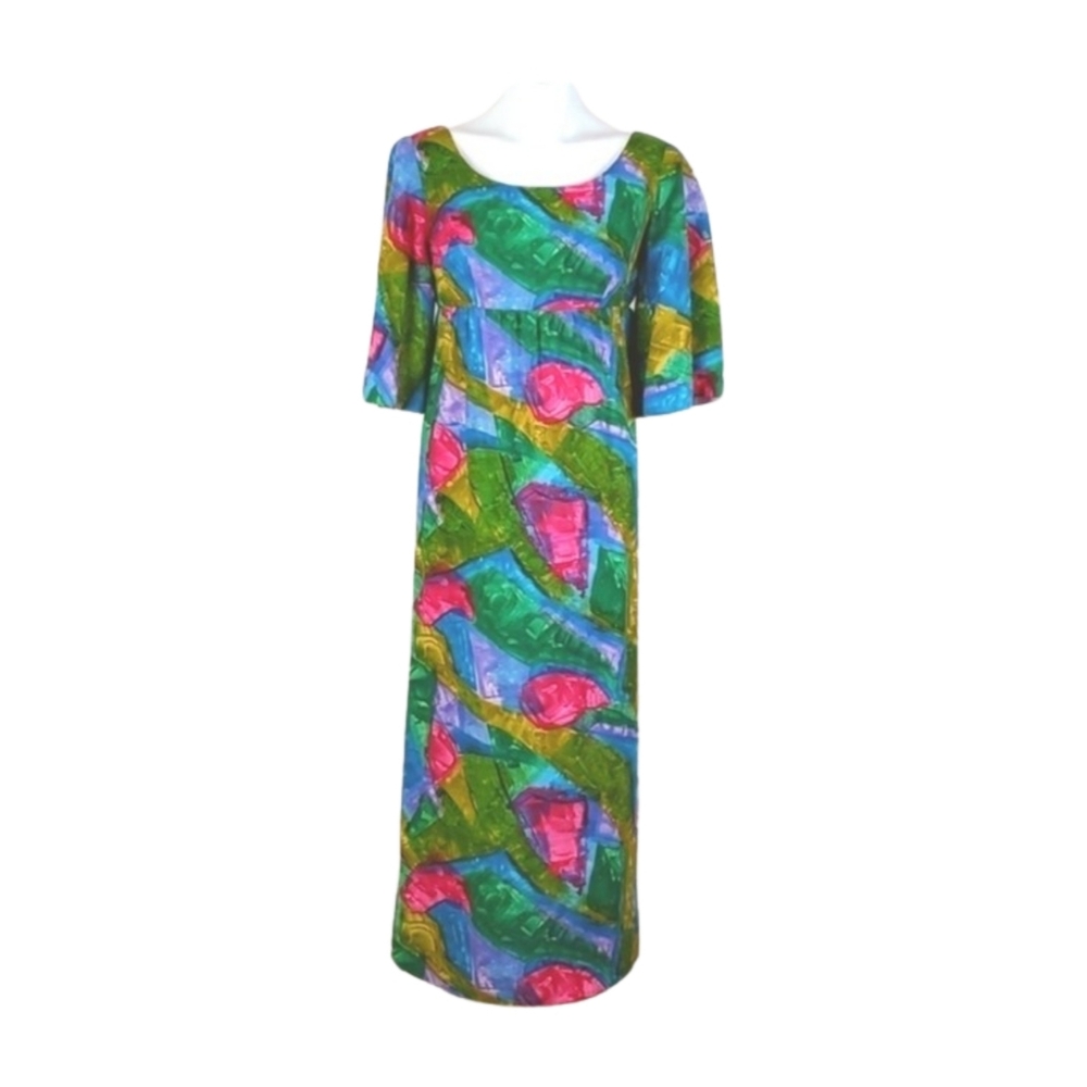 Vintage Handmade 60's Mod Floral Empire‎ Waist Midi Dress